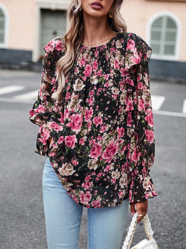 women's elegant commuter floral long-sleeved shirt - 808Lush