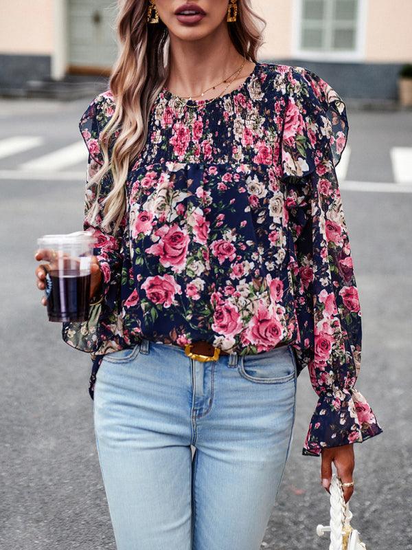 women's elegant commuter floral long-sleeved shirt - 808Lush