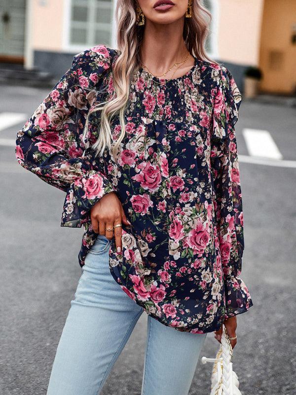 women's elegant commuter floral long-sleeved shirt - 808Lush