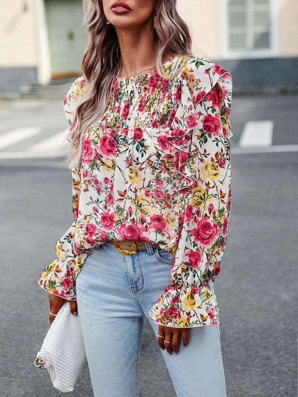 women's elegant commuter floral long-sleeved shirt - 808Lush