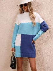 Women's Casual Color Block Dress Crew Neck Knit Long Sweater - 808Lush