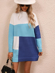 Women's Casual Color Block Dress Crew Neck Knit Long Sweater - 808Lush