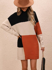 Women's Casual Color Block Dress Crew Neck Knit Long Sweater - 808Lush