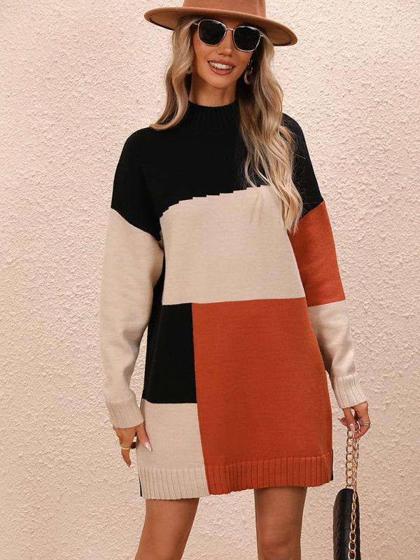 Women's Casual Color Block Dress Crew Neck Knit Long Sweater - 808Lush