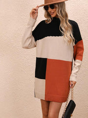 Women's Casual Color Block Dress Crew Neck Knit Long Sweater - 808Lush