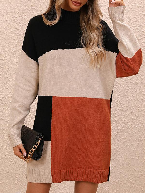 Women's Casual Color Block Dress Crew Neck Knit Long Sweater - 808Lush