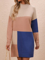 Women's Casual Color Block Dress Crew Neck Knit Long Sweater - 808Lush