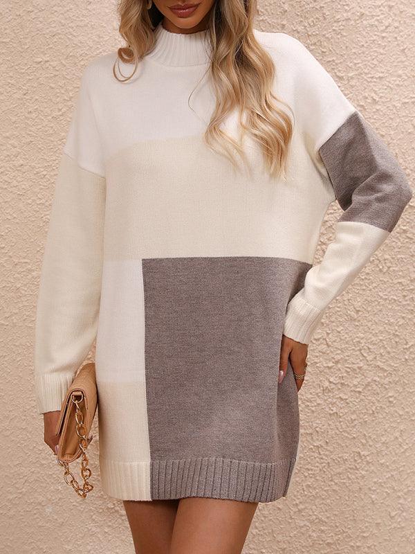 Women's Casual Color Block Dress Crew Neck Knit Long Sweater - 808Lush