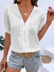 Ladies New Lace Puff Sleeve Button Up Street Top Short Sleeve Lace Top