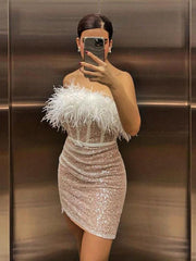 Sexy Sequin Dress One Shoulder Feather Mini Dress - 808Lush