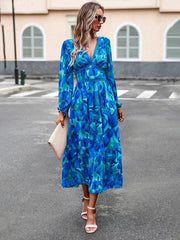 Women's resort casual printed V-neck long-sleeved dress - 808Lush