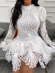 Elegant white lace hollow mesh mini dress