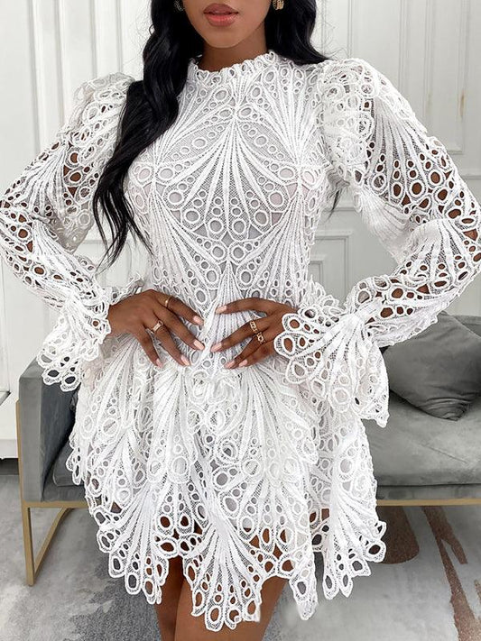 Elegant white lace hollow mesh mini dress