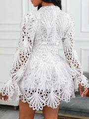 Elegant white lace hollow mesh mini dress