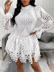 Elegant white lace hollow mesh mini dress