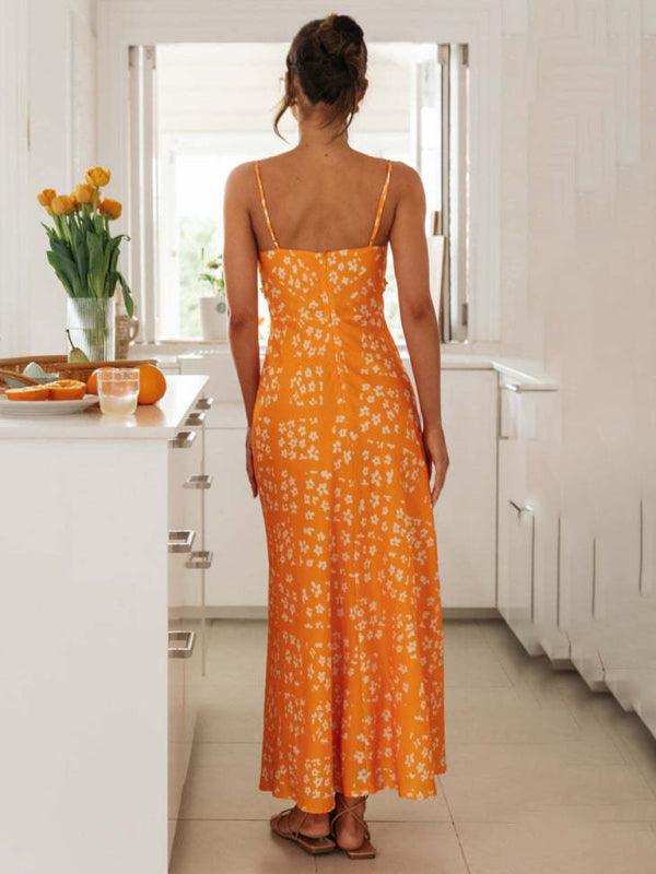 slim-fit suspender V-neck printed backless long dress - 808Lush