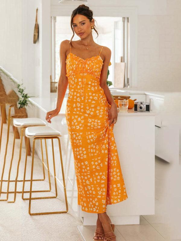 slim-fit suspender V-neck printed backless long dress - 808Lush