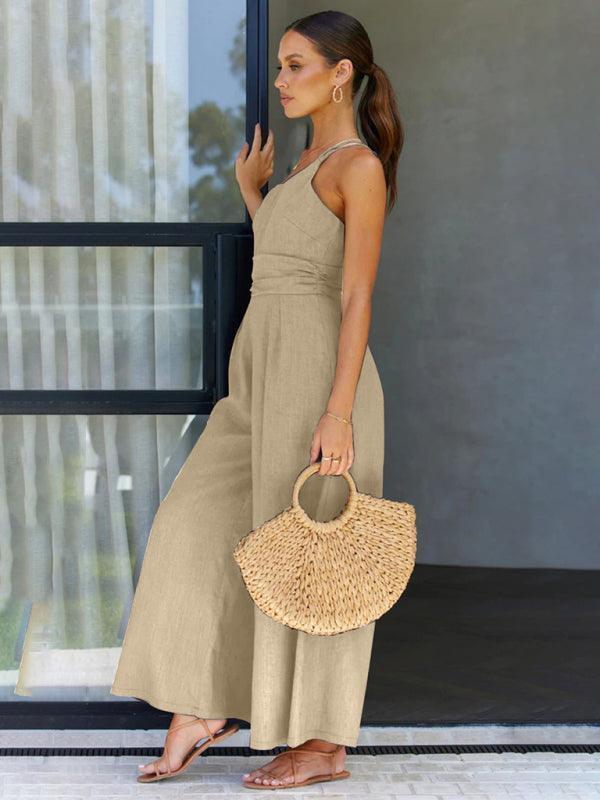 casual, comfortable and refreshing sleeveless waistless backless loose wide-leg jumpsuit - 808Lush