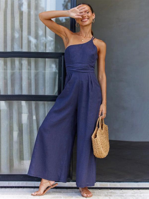 casual, comfortable and refreshing sleeveless waistless backless loose wide-leg jumpsuit - 808Lush