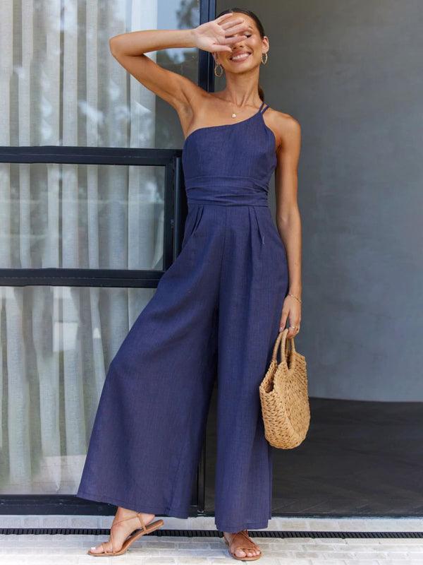 casual, comfortable and refreshing sleeveless waistless backless loose wide-leg jumpsuit - 808Lush