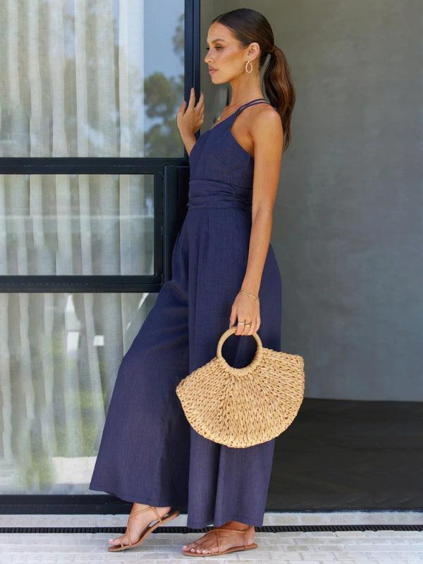 casual, comfortable and refreshing sleeveless waistless backless loose wide-leg jumpsuit - 808Lush