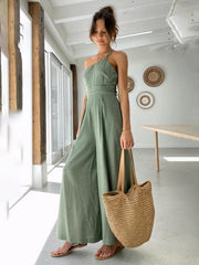 casual, comfortable and refreshing sleeveless waistless backless loose wide-leg jumpsuit - 808Lush