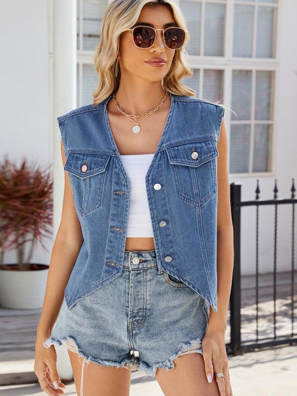 Women's style washed denim vest cardigan waistcoat