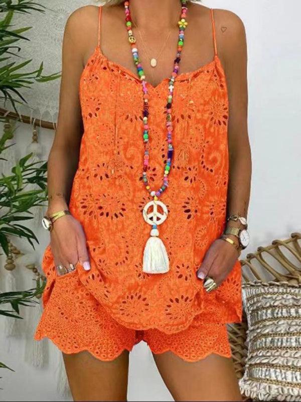 women's sleeveless ruffled hollow embroidered shorts suit - 808Lush