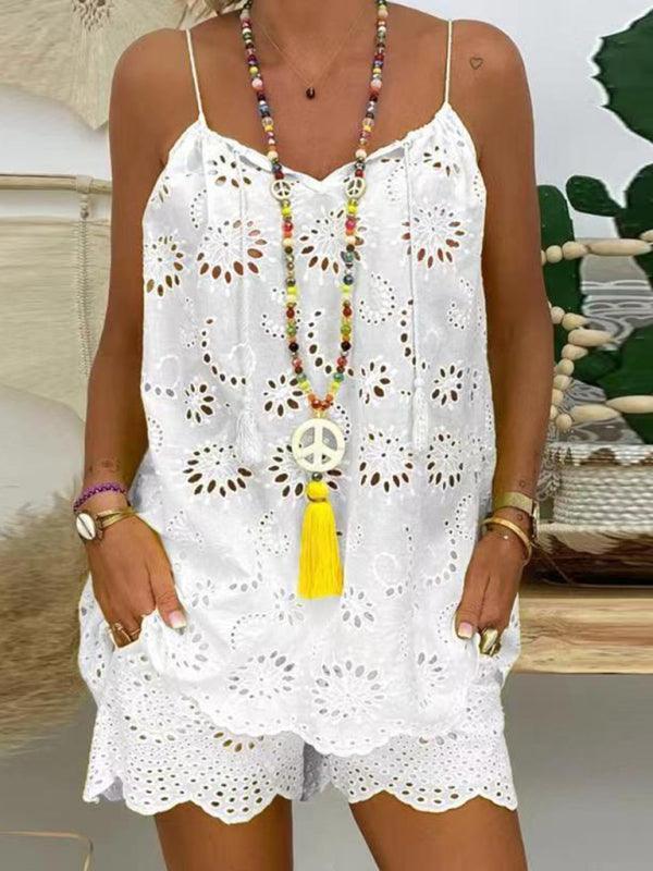 women's sleeveless ruffled hollow embroidered shorts suit - 808Lush