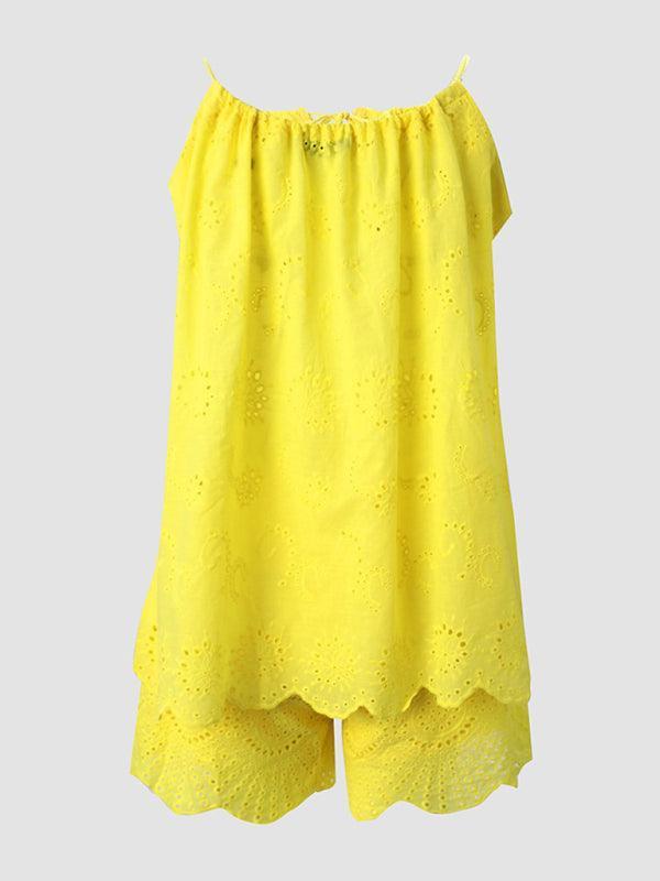 women's sleeveless ruffled hollow embroidered shorts suit - 808Lush