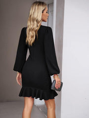 Elegant Puff Sleeve Ruffle Trim Solid Dress - 808Lush