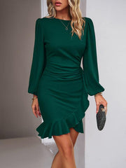 Elegant Puff Sleeve Ruffle Trim Solid Dress - 808Lush