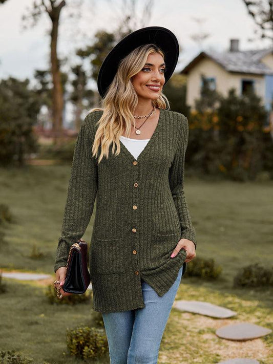 Brushed pitted solid color long-sleeved ladies cardigan