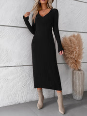 Elegant v neck long-sleeved sweater dress