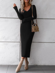 Elegant v neck long-sleeved sweater dress