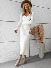 Elegant v neck long-sleeved sweater dress