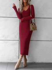 Elegant v neck long-sleeved sweater dress