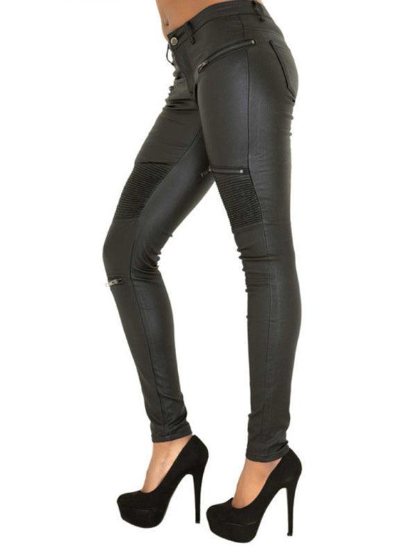 Women's PU skinny pants with multi-zip motorcycle trousers - 808Lush