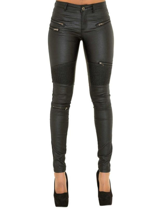 Women's PU skinny pants with multi-zip motorcycle trousers - 808Lush