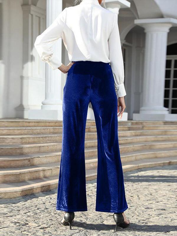 Women's gold velvet high waist slightly flared wide leg pants - 808Lush