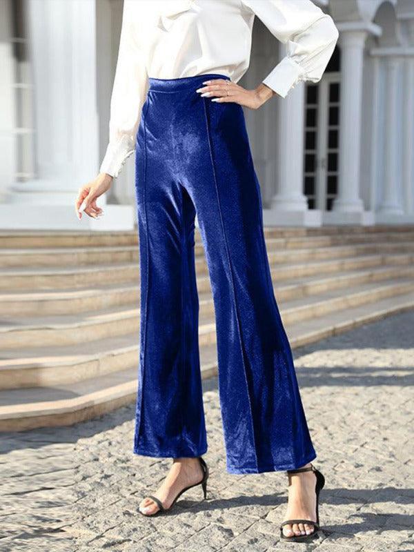 Women's gold velvet high waist slightly flared wide leg pants - 808Lush