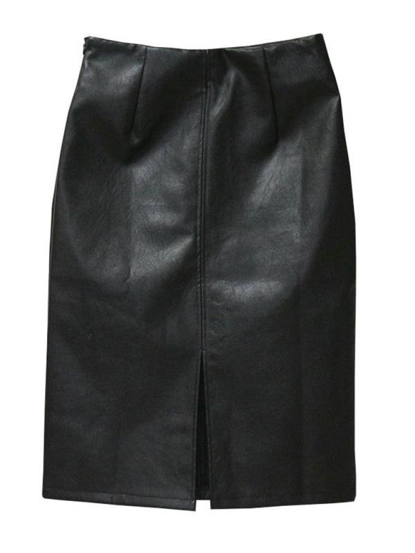 Women's Slim Fit Hip Covering Spliced Slit PU Leather Skirt - 808Lush