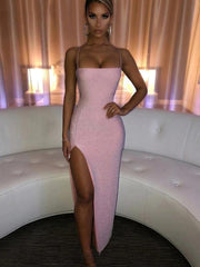 sexy leaking back square neck gold silk slit dress