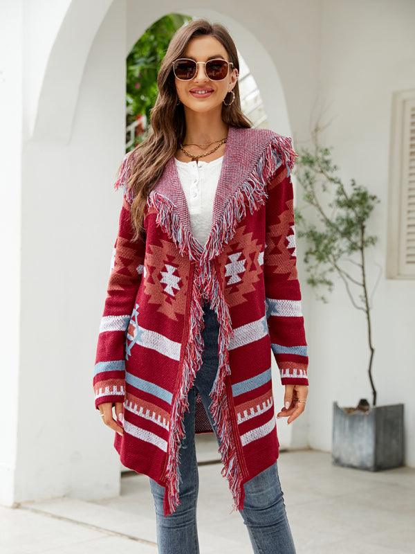 Women's fringed geometric jacquard sweater cardigan