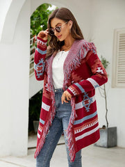 Women's fringed geometric jacquard sweater cardigan