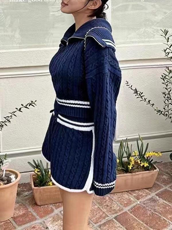 Women's Twist Knit Sweater Large Lapel Short High Waist Drawstring Waist Contrast Color Trim Suit - 808Lush