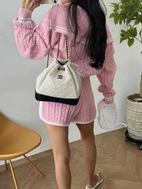 Women's Twist Knit Sweater Large Lapel Short High Waist Drawstring Waist Contrast Color Trim Suit - 808Lush