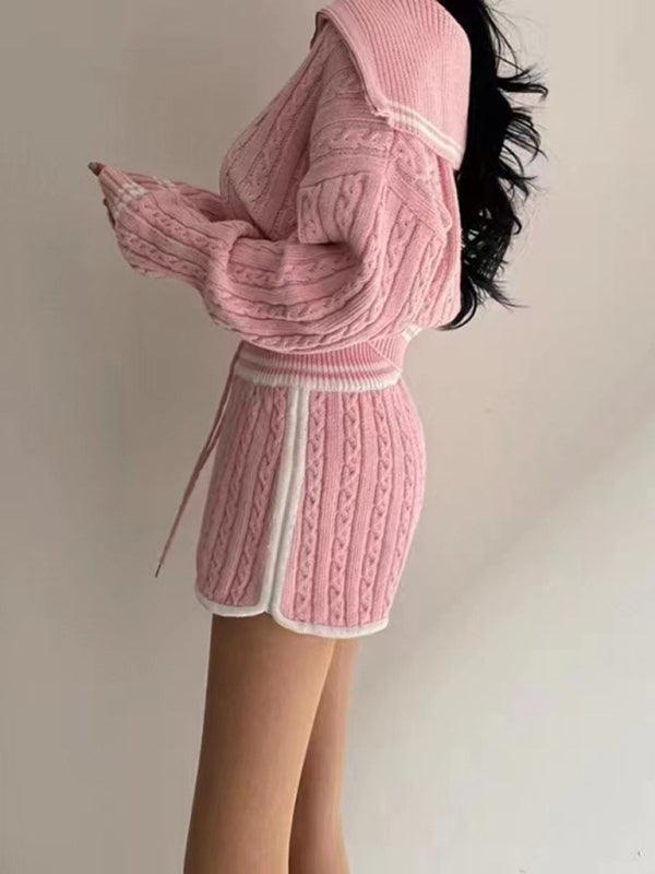 Women's Twist Knit Sweater Large Lapel Short High Waist Drawstring Waist Contrast Color Trim Suit - 808Lush