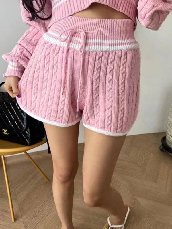 Women's Twist Knit Sweater Large Lapel Short High Waist Drawstring Waist Contrast Color Trim Suit - 808Lush