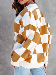 Women's Checkerboard Casual Loose Button Cardigan